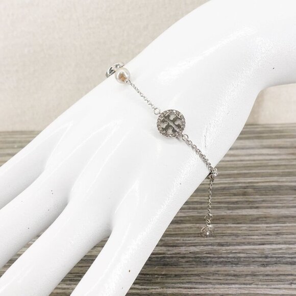 Tory Burch Crystal Logo & Imitation Pearl Station Bracelet Silver OS - Picture 11 of 15